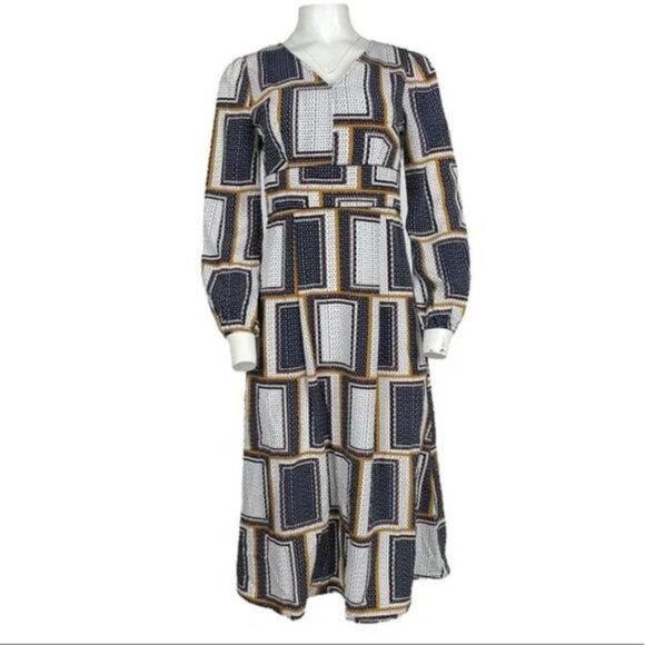 Belted Midi Dress Blue/Mustard - Picture 1 of 3